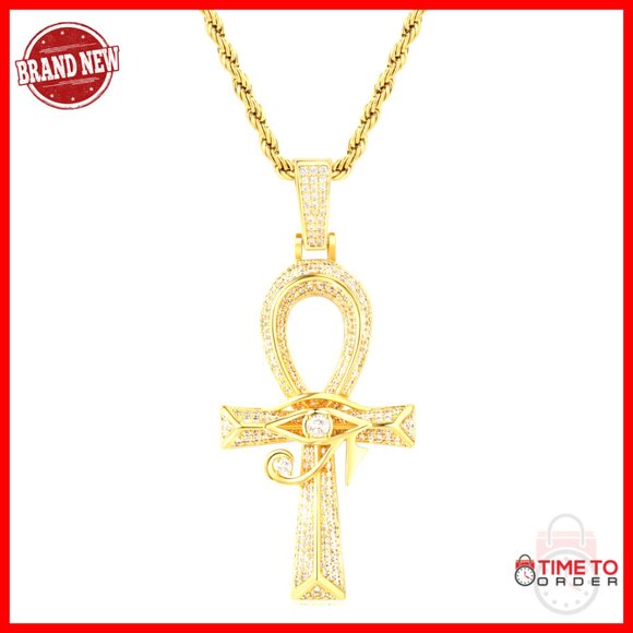Other - 18K Gold Plated Ankh Cross Pendant Necklace with CZ Stones 24 Inch Chain